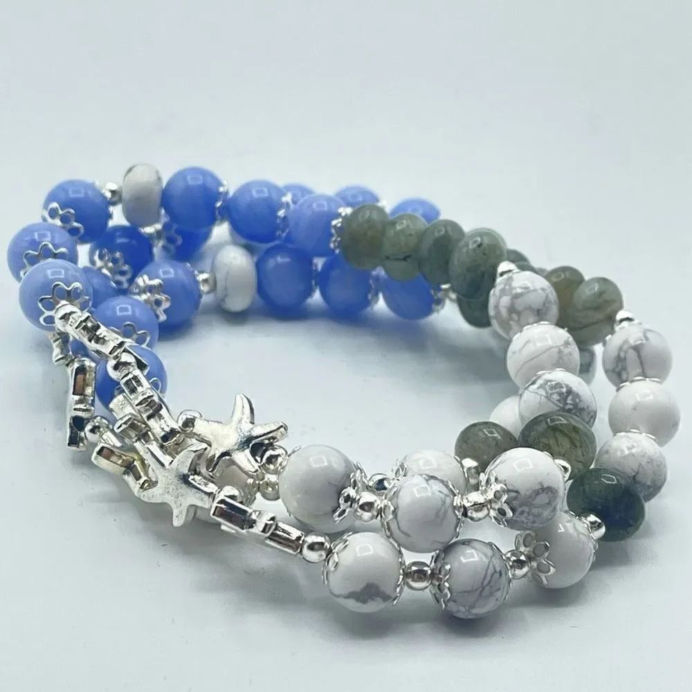 Starfish ocean beaded stretch bracelet ONE NEW blue lace agate howlite labradori - Picture 6 of 6
